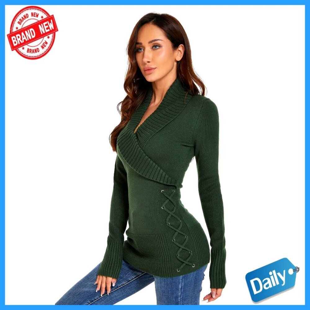 Slim Fit Long Sleeve Sweater Shawl Collar Lace Up Detail Acrylic Pullover